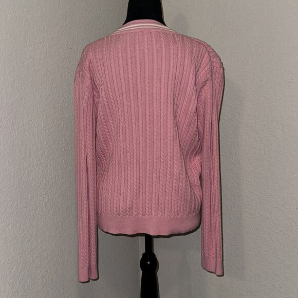 Izod Sweater Women's Large Pink Cable Knitted Long Sleeve V-Neck Preppy Pullover - Picture 4 of 11